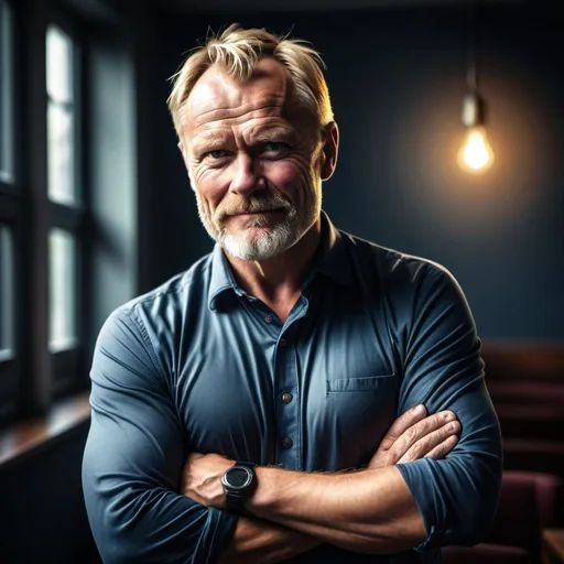 Prompt: Middle age Norwegian man, charismatic leadership gaze, leading men to action whole body gesture, happy, humoristic mood, vibrant and expressive, moody lighting, atmospheric shadows, high quality, photography style, detailed features, thoughtful, intense, vibrant colors, professional, dramatic lighting