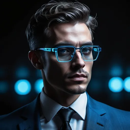 Prompt: a man in a blue suit and tie standing with black background having sharp jawline, close up image, with cool cyberpunk effect, wearing cool eyeglasses with transparent glass.