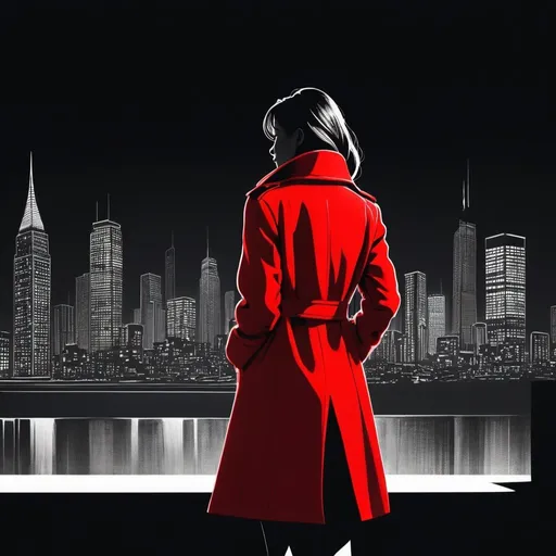 Prompt: A minimalist elegant drawing featuring a man in a red coat, hut, cigarrette ,torso rear view, standing back, set against a black drawing night city in background. The woman is depicted in a simple and clean line art style, emphasizing the contrast between her vibrant red coat and the dark backdrop. The composition focuses on the graceful silhouette of the woman, creating a sense of depth and mystery. -eye, body out of frame, 3d render, text