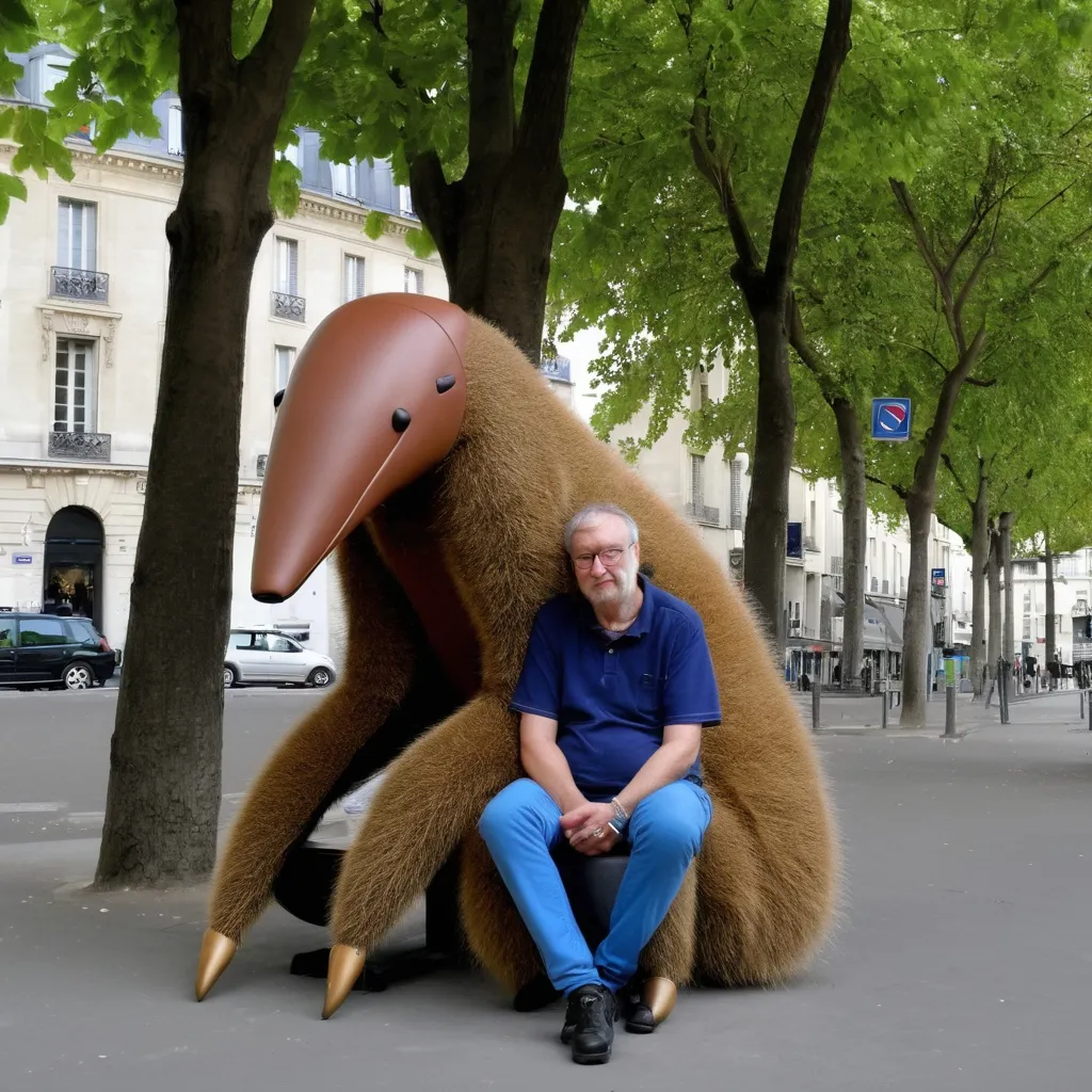 Prompt: Long long man sitting next to a shart anteater hybrid in paris