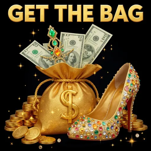 Prompt: “A bold and vibrant digital illustration featuring the phrase ‘GET THE BAG’ in large, shiny gold letters across the top with black shadow accents. In the center, a luxurious golden money bag with a thick gold rope drawstring bursts open with stacks of hundred-dollar bills spilling out. A jeweled crown adorned with large orange and green gemstones sits on top of the money bag. To the right, a dazzling high-heeled shoe covered in multicolored gemstones and gold sparkles is propped up glamorously. Surrounding the bag are piles of golden coins, additional jewels, and glimmering sparkles. The entire scene is radiant, colorful, and symbolizes wealth, empowerment, and glam. High resolution, hyper-detailed, stylized digital art.”