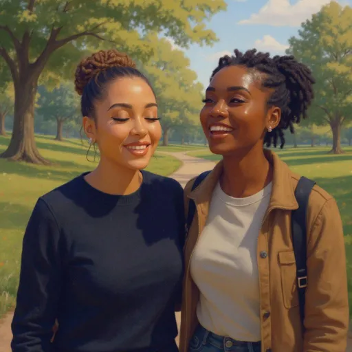 Prompt: Create a stylized glossy oil painting digital illustration of two Black women friends strolling through a park, laughing and enjoying their time together. Each woman has rich brown skin and distinct facial features. The first woman has Bantu Knots, almond-shaped eyes, and wears soft glam makeup with neutral lip gloss, wispy eyelashes, and arched eyebrows. The second woman has Senegalese Twists, round-shaped eyes, and similar soft glam makeup. They are both dressed in casual, simple winter clothing, like sweaters, jackets, and scarves. The mood is joyful and relaxed. The background features a vibrant park scene with trees, greenery, and a winding walking path. Use rich colors, bold brushstrokes, and high dynamic range (HDR) lighting for a glossy, expressive oil painting effect.