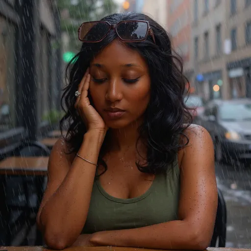 Prompt: a detailed, hyperrealistic, digital illustration of a beautiful young adult African American girl with medium length curly hair, slim, brown eyes, she is sitting at an outdoor cafe in the rain, waiting for a date who never showed, she is devastated, soaked after making herself look beautiful, the rain symbolizes her feelings, she is looking down, dejected