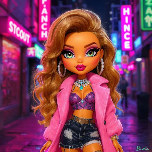 Prompt: Stunning baddie with Golden-brown glow skin, Iridescent honey eyes, and Deep fingerwaves . Wearing designer outfit with statement accessories. Full-length standing pose in a Neon-lit city street setting. Chibi-Bratz fusion, Exaggerated features, 3D, Animated, Glossy, Stylized, Ultra-detailed, Hyper-realistic, Gouache, Digital art, Airbrushed style, fashion photography, perfect lighting, vibrant colors, flawless makeup, Instagram aesthetic.