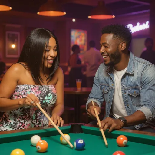 Prompt: Create an engaging and vibrant illustration of an African American couple enjoying a lively game of pool at a trendy bar**.
The scene should showcase a stylish and relaxed atmosphere, with the woman and man both dressed in fashionable, casual attire that reflects their individual styles. They should be shown actively engaged in their pool game, laughing and chatting as they play.
Include details like colorful pool balls scattered across the table, wooden pool cues in hand, and drinks resting on a nearby table to add depth and realism to the image. The bar setting should feature modern decor, dimmed lighting, and a lively yet comfortable ambiance, suggesting a favorite hangout spot for the couple.