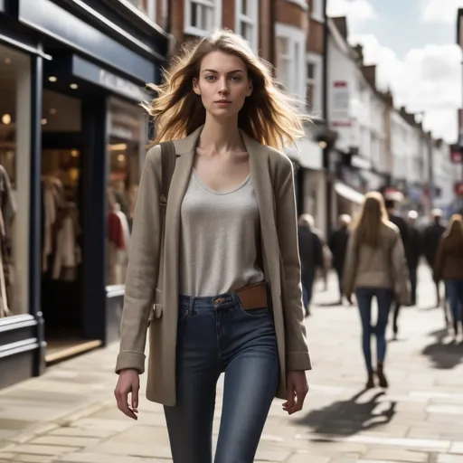Prompt: Tall young woman walking down the high street, detailed clothing, realistic, natural lighting