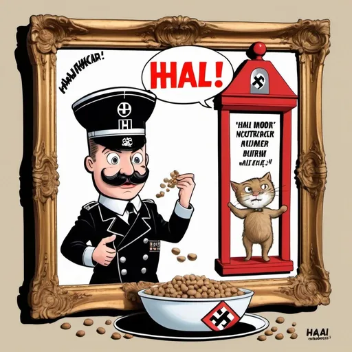 Prompt: A nazi nutcracker putting catfood into a picture frame, with a cartoonist thought bubble leading up to the word "HAAL!"