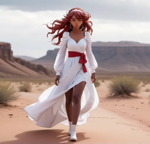 Prompt: A pretty princess looking lady walking in the desert during a wind storm. She looks like a character from the anime series Kiznaiver and has cocoa colored skin. Brave emotions. 8K. Dressed up in a white long sleeved beautiful dress.