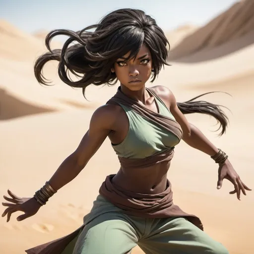 Prompt: Dark skinned colored princess, flowing wiry hair, controlling wind and sand, attack stance like toph from Avatar, anime, 8k, cool baggy pants, high resolution, brave like a puma, desert setting, anime style, detailed facial features, intense and focused gaze, ethereal wind and sand effects, professional, atmospheric lighting, anime, cool tones, detailed clothing