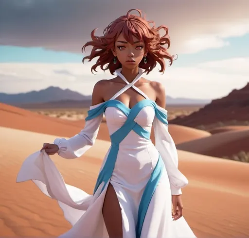 Prompt: A pretty princess looking lady walking in the desert during a wind storm. She looks like a character from the anime series Kiznaiver and has cocoa colored skin. Dazzling eyes. Brave emotions. 8K. Dressed up in a white long sleeved beautiful dress.