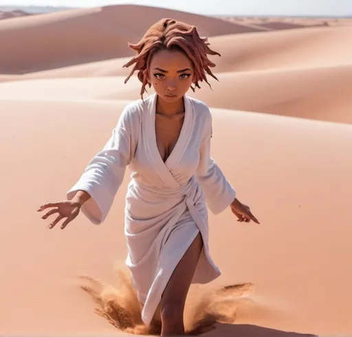 Prompt: Girl picking up sand in the desert. She looks like a character from the anime series Kiznaiver and has cocoa colored skin. Brave emotions. 8K. Dressed up in a white desert robe.