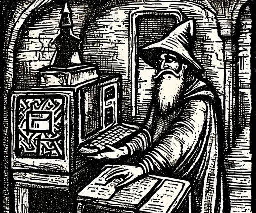Prompt: Wizard with a pointy hat using an old computer with a  crt screen in a alchemy lab in a medieval art style