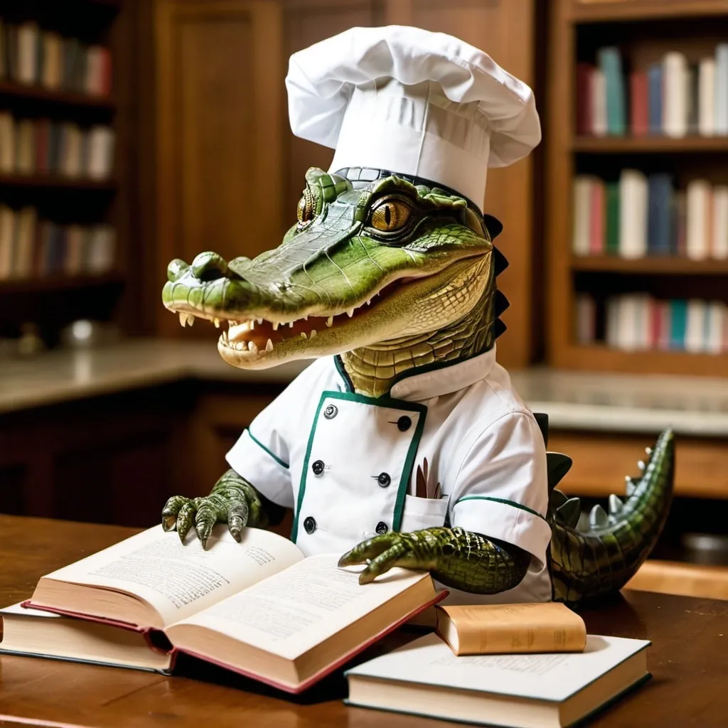 Prompt: an alligator with a chef's hat serving up books
