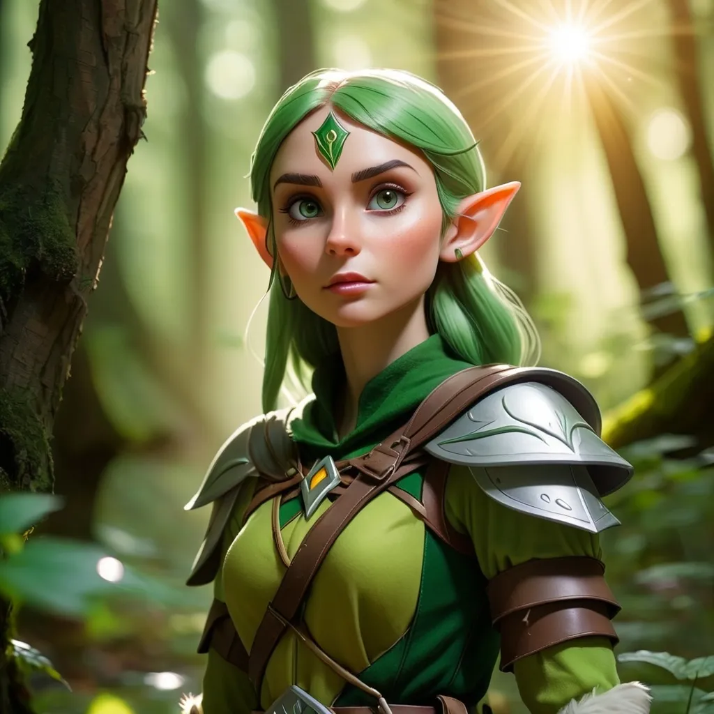 Prompt: Elf ranger in a mystical forest around sunlight