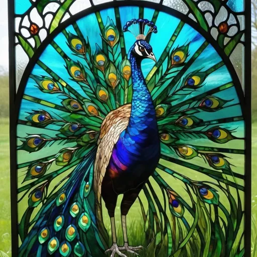 Prompt: A peacock out in a wild meadow it’s tail is spread