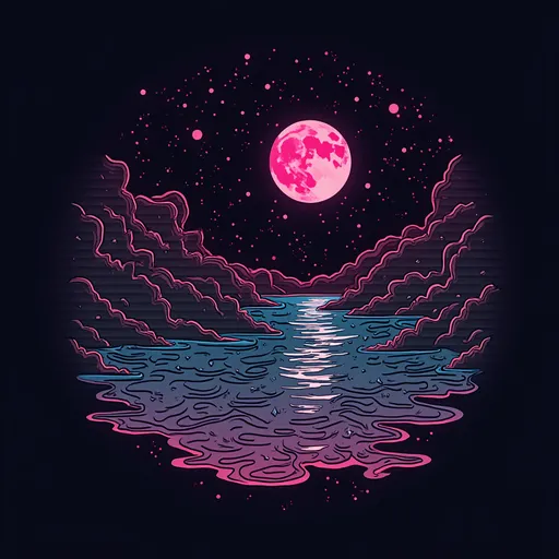 Prompt: illustration music, cyan pink, symbolism, cloudcore, endercore, black background, wavy lines organic shapes, logo, synthwave, retro, futuristic, noir, moon, desert, arcade, love