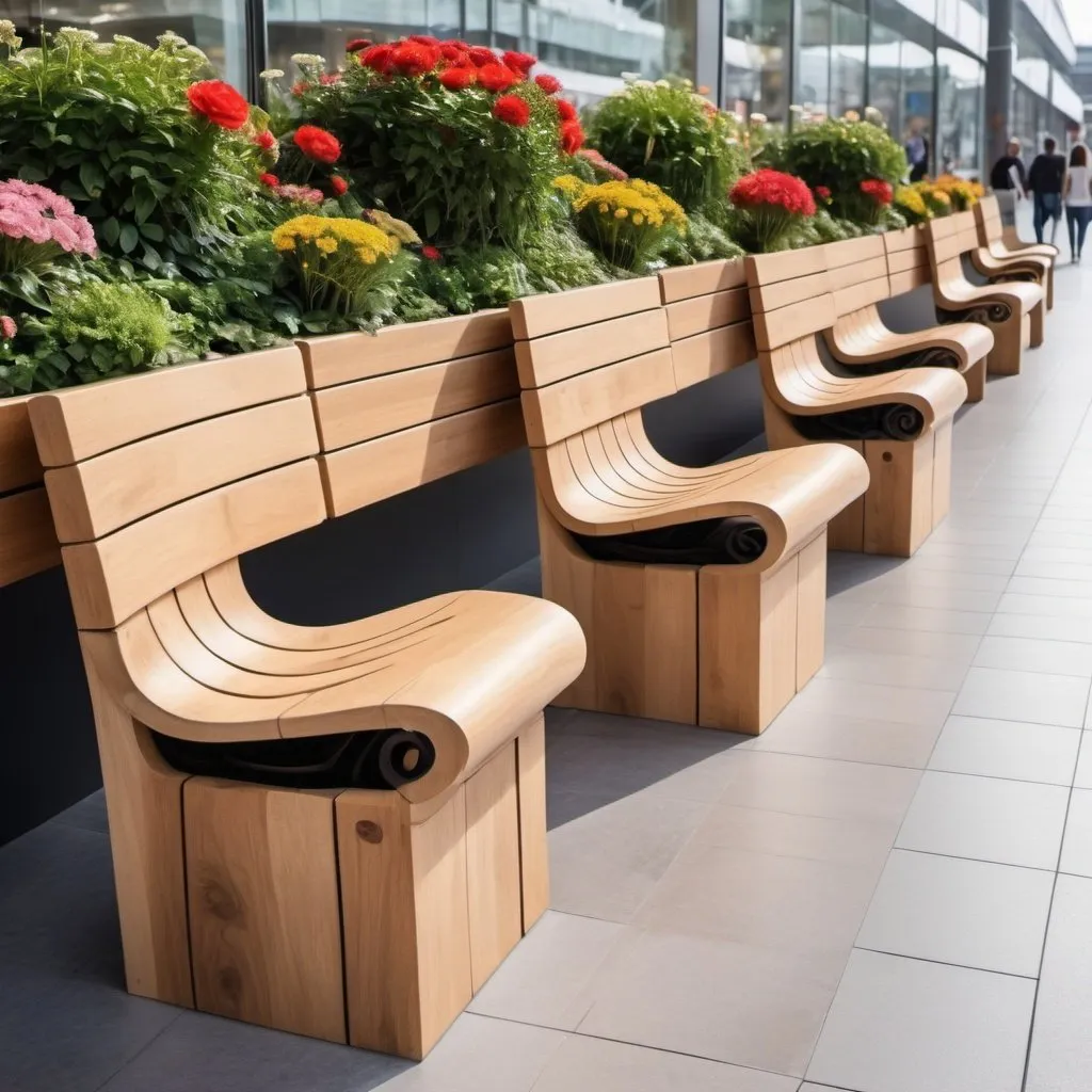 Prompt: Chairs and seats for shopping malls with flower boxes made of wood with spiral bases and the concept of nature from different angles.