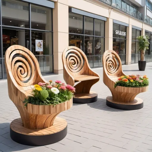 Prompt: Chairs and seats for shopping malls with flower boxes made of wood and plastic mix media  with spiral bases and the concept of nature and animals  from different angles.