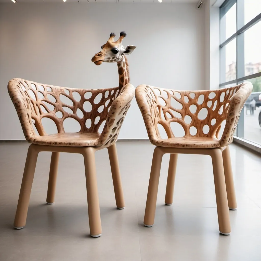 Prompt: One-piece chairs for the shopping center concepted from nature and giraff skin  color with wood and plastic materials of different views