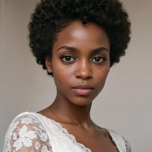 Prompt: Close picture of a dark black French woman, hazel eyes, shimmering, she wears short afro hair, she wears a lace and soft dress 