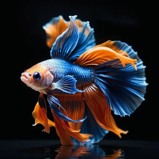 Prompt: Many stunning Sapphire Blue and Orange Betta Fishes with fins made entirely of swirling, colorful smoke, showing intricate, vividly detailed smoky patterns, full body visible in crystal clear water, dark background, Tilt-shift.
