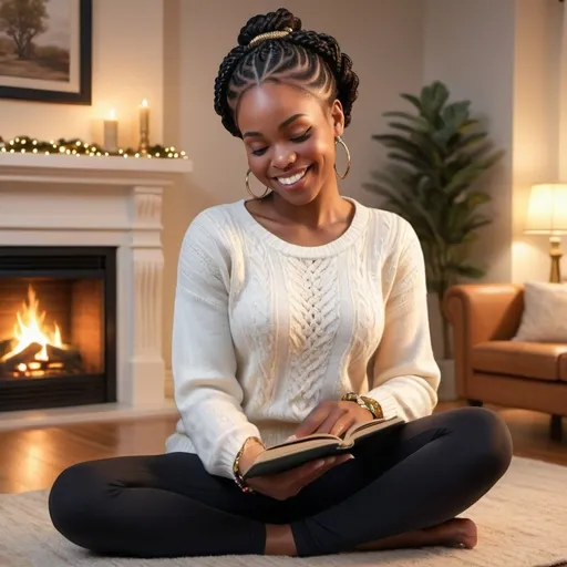 Prompt: A realistic illustration of a joyful black woman in a decorated living room, engrossed in a romance book. She is wearing a vibrant white sweater paired with black leggings. Her hair is styled in braids adorned with shimmering silver beads. She complements her attire with large golden hoop earrings and a gold watch. The warm ambiance of the room is accentuated by a lit fireplace, casting a gentle glow.