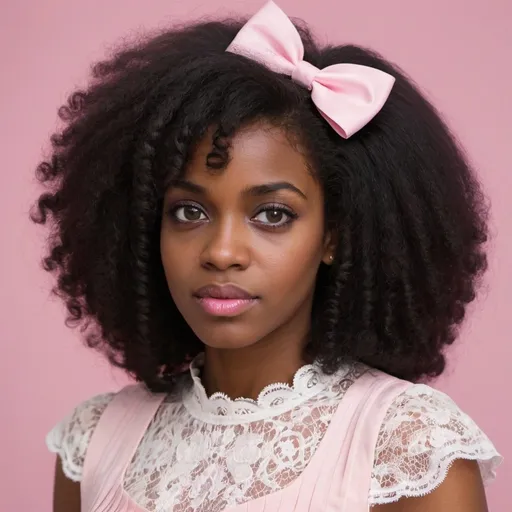 Prompt: Close picture of a dark black French woman, hazel eyes, shimmering, she wears her big black hair, her hair is big and afro, she wears a lace dress in a pretty pink bow with a short white pleated skirt,