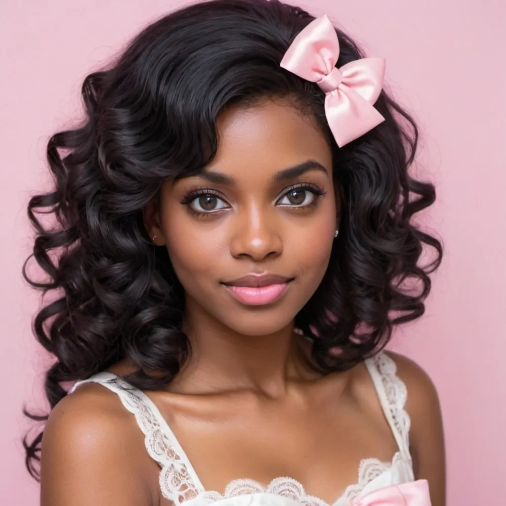 Prompt: a picture of a dark black French woman, hazel eyes, shimmering, she wears her big curled black hair, her hair is shiny, soft in every strand, she wears a lace dress in a pretty pink bow with a short white pleated skirt,