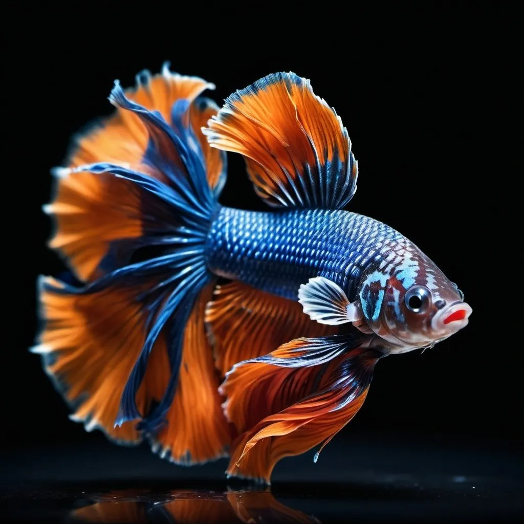 Prompt: A stunning Sapphire Blue and Orange Betta Fish with fins made entirely of swirling, colorful smoke, showing intricate, vividly detailed smoky patterns, full body visible in crystal clear water, dark background, Tilt-shift.
