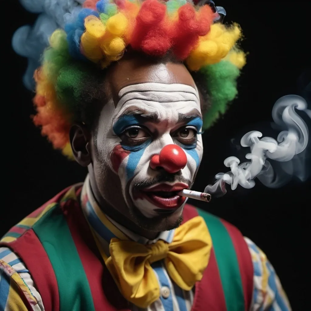 Prompt: A african clown, bent and farting colorful smokes , blowing in the wind, cinematic lighting, photo realistic, studio lighting, perfect composition, shot with a Canon 1DX, still framing.