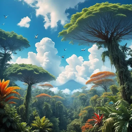 Prompt: Una selva tropical exuberante y densa, llena de árboles altos, aves coloridas y plantas exóticas, bajo un cielo azul claro con algunas nubes dispersas.