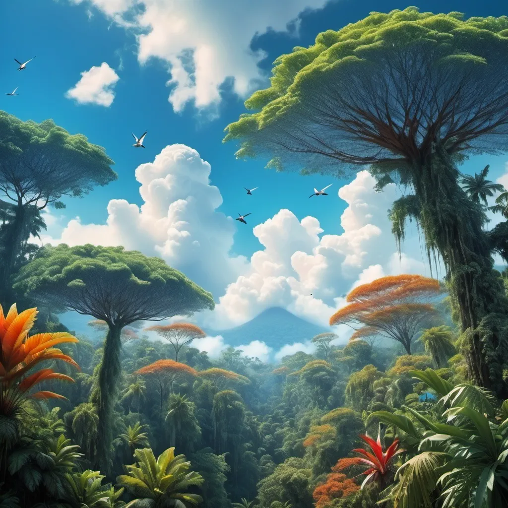 Prompt: Una selva tropical exuberante y densa, llena de árboles altos, aves coloridas y plantas exóticas, bajo un cielo azul claro con algunas nubes dispersas.