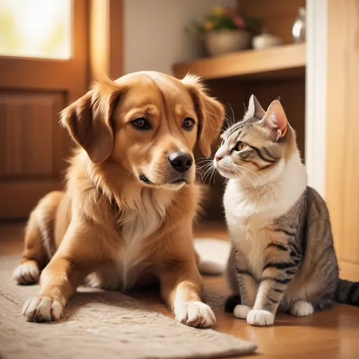 Prompt: Dog and cat, (adorable friendship), playful scene, (warm lighting), cozy ambiance, soft texture, vibrant colors, comfortable home setting, engaging expressions, dynamic poses, tail wagging and gentle purring, harmonious interaction, (high detail), ultra-detailed, high-quality.