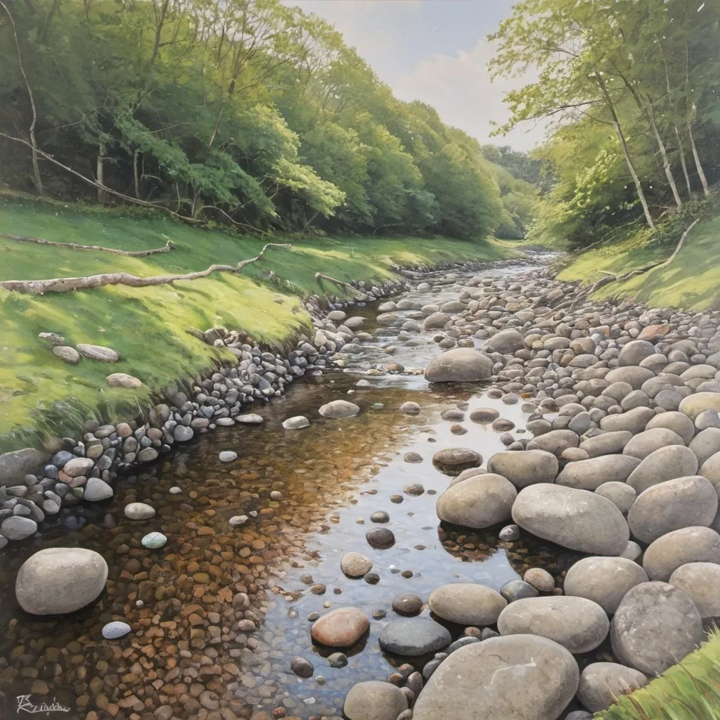 Prompt: a painting of a brook with stones on the shore