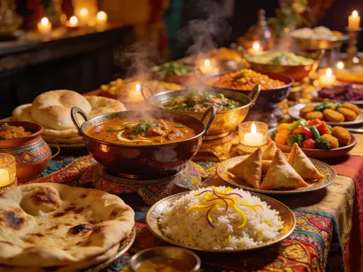 Prompt: Indian Buffet Spread
Lavish spread of Indian cuisine featuring curries, naan bread, rice, and appetizers beautifully arranged on a long table with warm lighting.