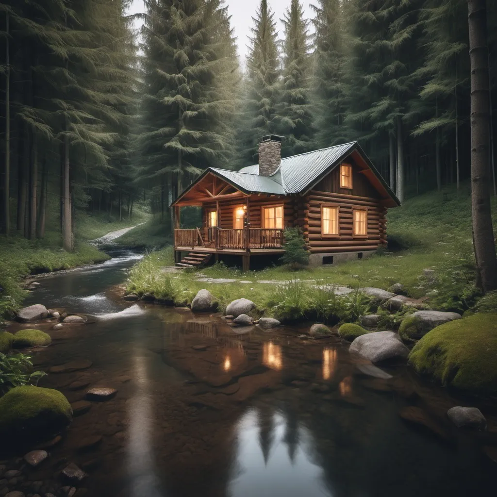 Prompt: Show me a cabin in the forest, surrounded by trees and with a small river running past it.