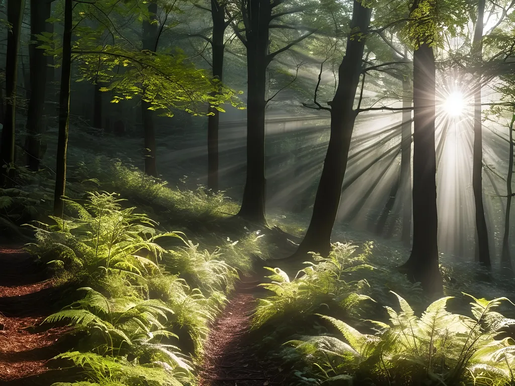 Prompt: Sunlight cascading across heavily wooded area, dark ground, misty, wondrous, magical.