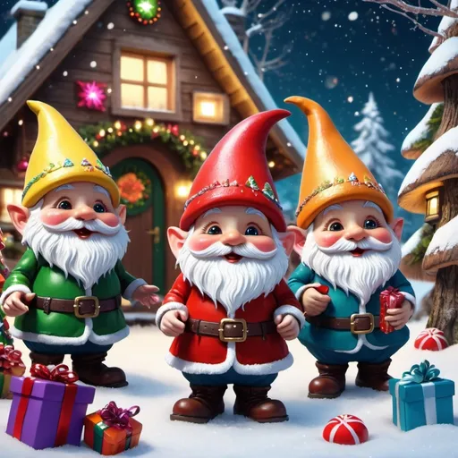 Prompt: (cute holiday gnomes), (whimsical and animated style), vibrant colors, cheerful atmosphere, assorted gnome characters with playful expressions, adorned with festive hats and accessories, surrounded by snowflakes and twinkling lights, enchanting forest background, deep saturation, whimsical details like oversized mushrooms and sparkling presents, enchanting holiday spirit, ultra-detailed 4K quality.