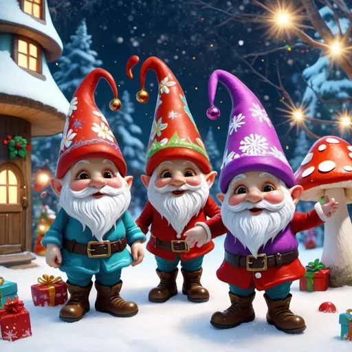 Prompt: (cute holiday gnomes), (whimsical and animated style), vibrant colors, cheerful atmosphere, assorted gnome characters with playful expressions, adorned with festive hats and accessories, surrounded by snowflakes and twinkling lights, enchanting forest background, deep saturation, whimsical details like oversized mushrooms and sparkling presents, enchanting holiday spirit, ultra-detailed 4K quality.