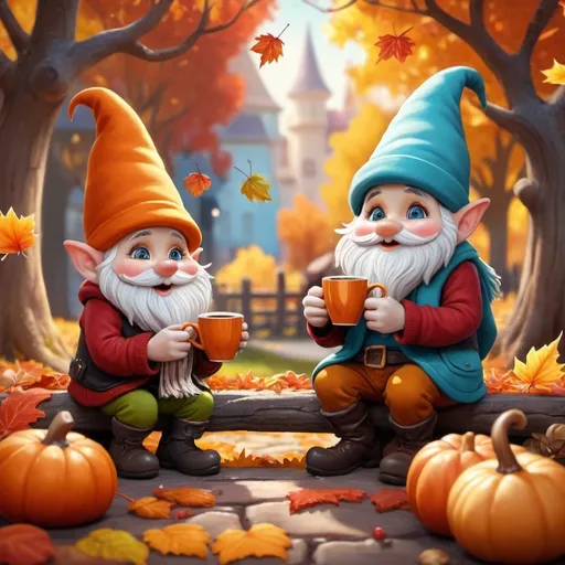 Prompt: (cute fall gnomes drinking coffee), (Disney Pixar style), vibrant autumn colors, warmth of the season, whimsical expressions, cozy setting, detailed coffee cups, colorful scarves and hats, playful leaves around, soft lighting, joyful atmosphere, enchanting characters, ultra-detailed, 4K resolution, charm of a fantastical world, inviting vibe.