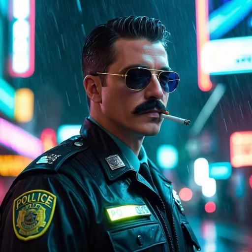 Prompt: a 5'6" white police officer with a mustache  wearing a police uniform wearing dark aviator sunglasses smoking a cigarette standing in the rain with neon signs behind him in a cyberpunk universe