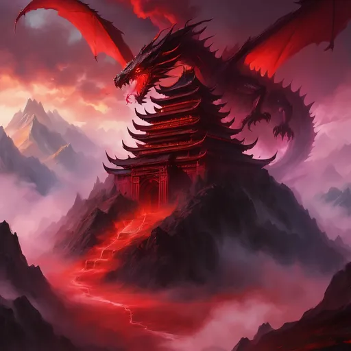 Prompt: Blood dragons temple on top of a mountain Red clouds spining from dragons head. Domain expansion