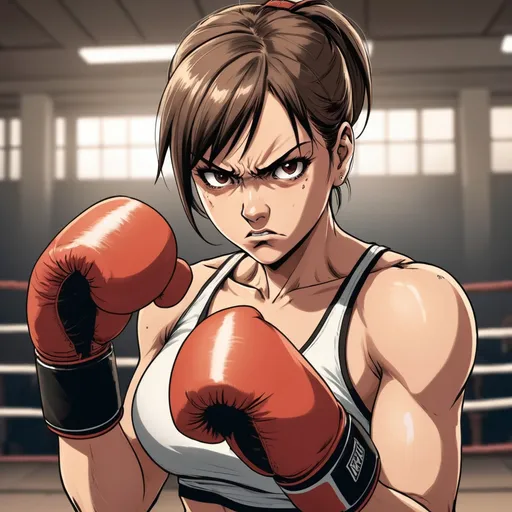 Prompt: Female boxer, looking at the viewer with an angry expression, manga scene.