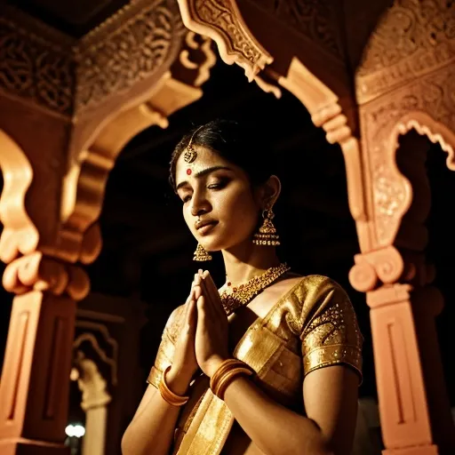 Prompt: A beautiful girl praying in a temple during a vibrant festival, wearing an elegant (colorful) sari adorned with intricate patterns, (radiant ambiance) filled with celebration. Soft golden light filters through ornate temple architecture, casting a warm glow. The scene conveys a spiritual and joyful atmosphere, capturing the richness of tradition and devotion, ultra-detailed, HD.