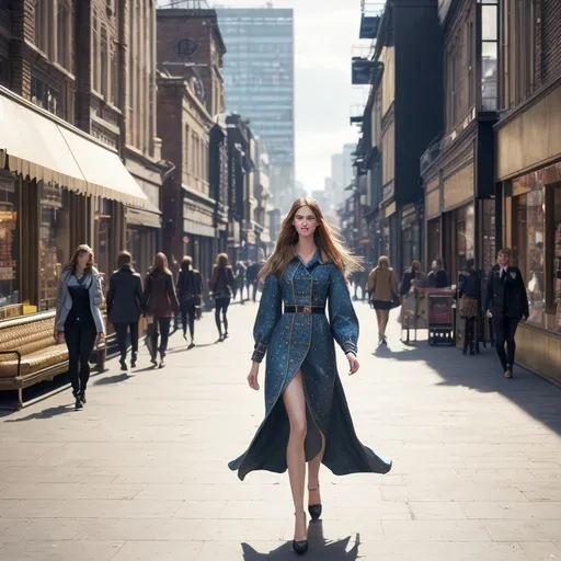 Prompt: Tall young woman walking down the high street, (realistic) posture and demeanor, (detailed) fashionable clothing, (natural lighting) highlighting hair and fabric textures, bustling city environment in the background, urban atmosphere with slight movement, (vibrant colors), capturing moment in time, (high quality) 4K, (cinematic) storytelling vibe.