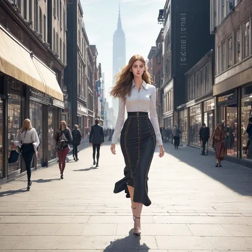 Prompt: Tall young woman walking down the high street, (realistic) posture and demeanor, (detailed) fashionable clothing, (natural lighting) highlighting hair and fabric textures, bustling city environment in the background, urban atmosphere with slight movement, (vibrant colors), capturing moment in time, (high quality) 4K, (cinematic) storytelling vibe.