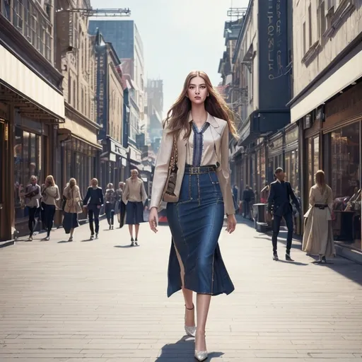 Prompt: Tall young woman walking down the high street, (realistic) posture and demeanor, (detailed) fashionable clothing, (natural lighting) highlighting hair and fabric textures, bustling city environment in the background, urban atmosphere with slight movement, (vibrant colors), capturing moment in time, (high quality) 4K, (cinematic) storytelling vibe.