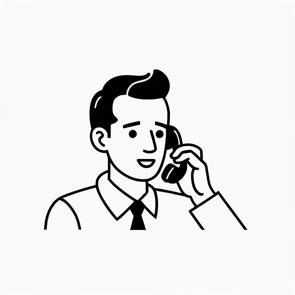 Prompt: minimal B&W icon, man talking on phone, svg, flat minimal line vector design, white background