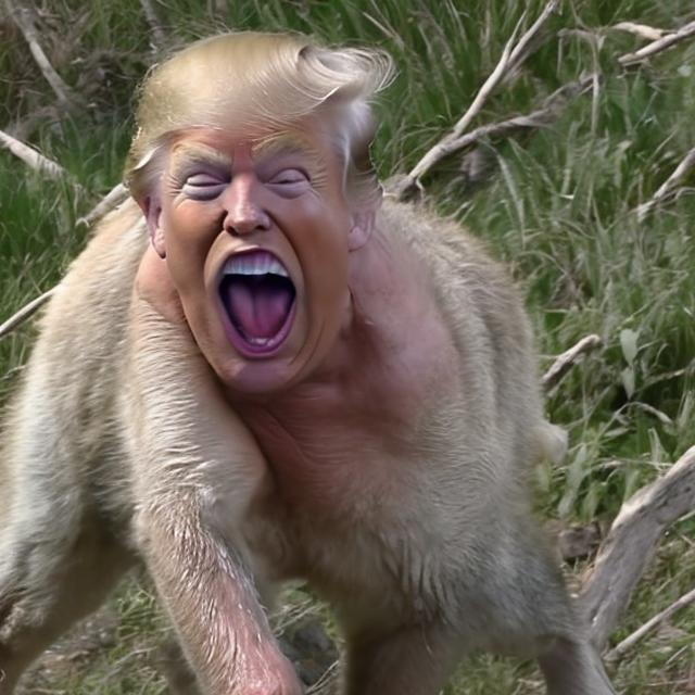 Prompt: Wild feral and violent Donald Trump caught on live trail cam