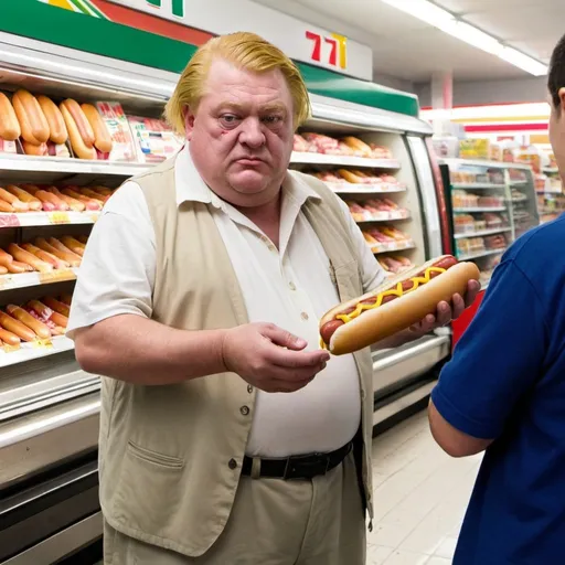 Prompt: Baron Vladimir Harkonnen at 7/11 buying a hot dog 